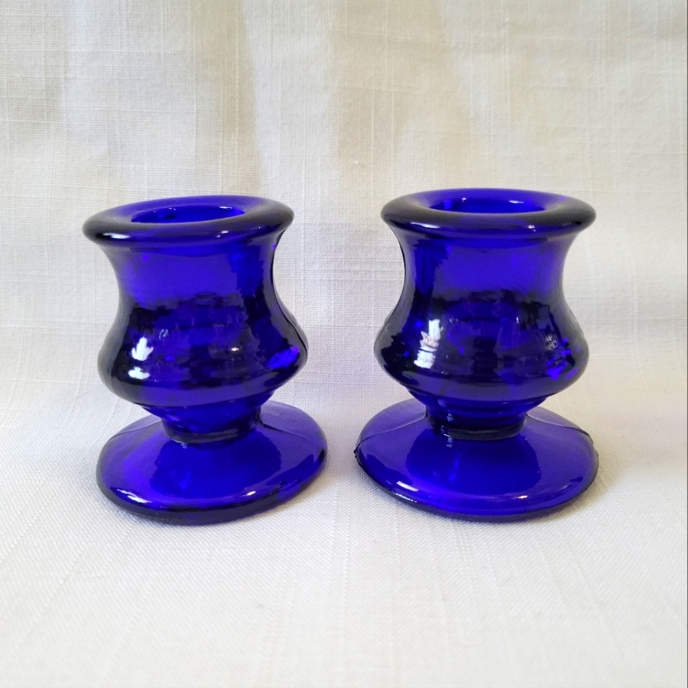 Vintage Cobalt Blue Short Glass  Candlestick Holder set of 2